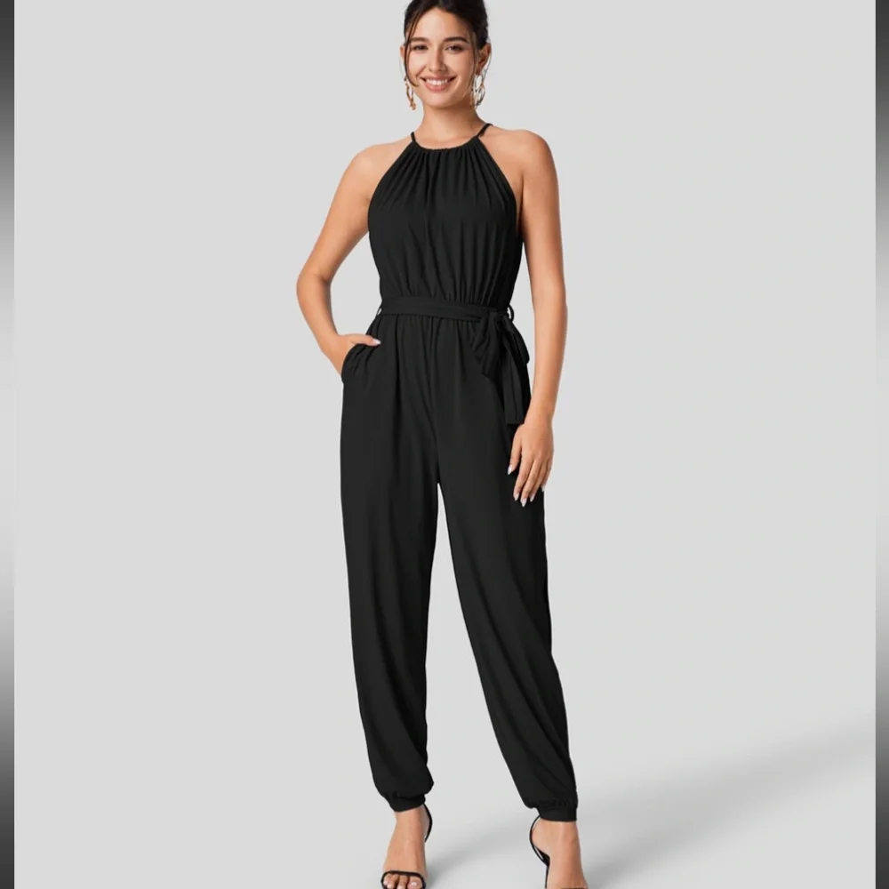 Sleeveless Tie Back Plicated Belted Side Pocket Cool Touch Jumpsuit-UPF50+ - Picture 3 of 8